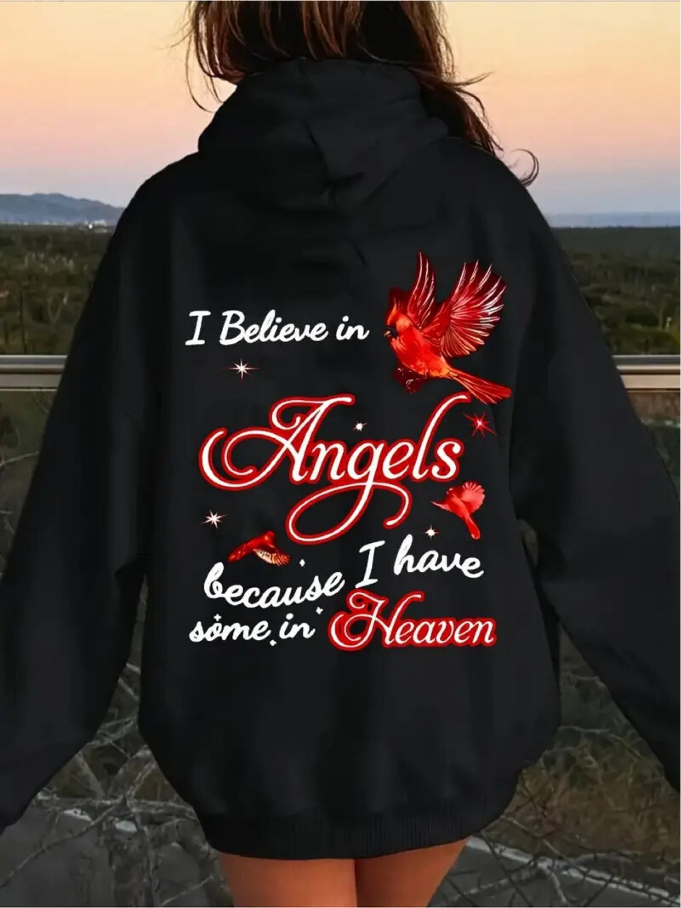 Women's Cozy Angel Print Hoodie - Black Knit Pullover with Red Angel Design, Long Sleeves, and Front Pocket, Perfect for Fall/Winter Casual Wear, Fall Casual Hoodie | Relaxed Fit Hoodie | Decorative Text Design
